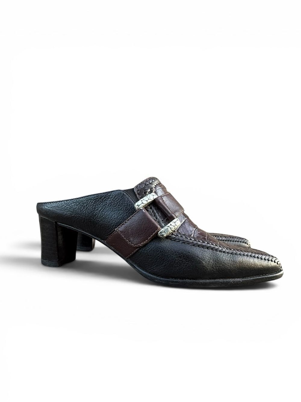 Brighton Triad Two-Tone Black & Chocolate Brown Croc Pebbled Leather Mules 6.5 M
